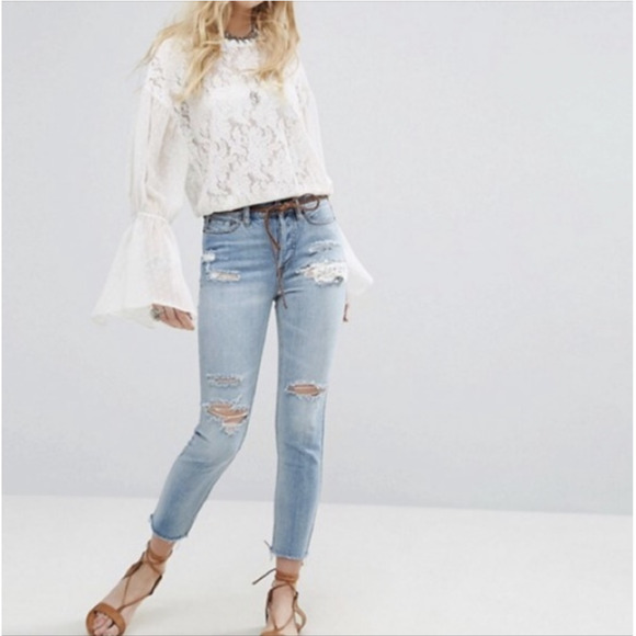 FREE PEOPLE Ella Jeans Blue Denim Distressed Button Fly Cropped - Picture 3 of 14